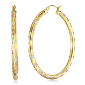 14k REAL Tri Color Gold 3mm Thickness Hinged Diamond Cut Hoop Earrings (45 x 45 mm)