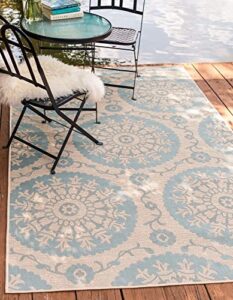 unique loom outdoor botanical collection area rug - medallion (5' 3" x 8' rectangle, aqua/ beige)