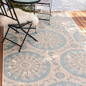 Unique Loom Outdoor Botanical Collection Area Rug - Medallion (5' 3" x 8' Rectangle, Aqua/ Beige)