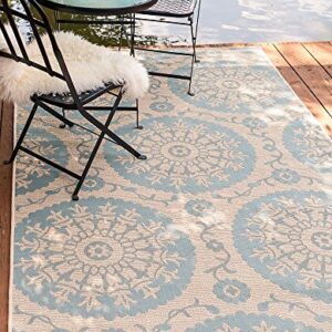 Unique Loom Outdoor Botanical Collection Area Rug - Medallion (5' 3" x 8' Rectangle, Aqua/ Beige)