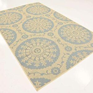 Unique Loom Outdoor Botanical Collection Area Rug - Medallion (5' 3" x 8' Rectangle, Aqua/ Beige)