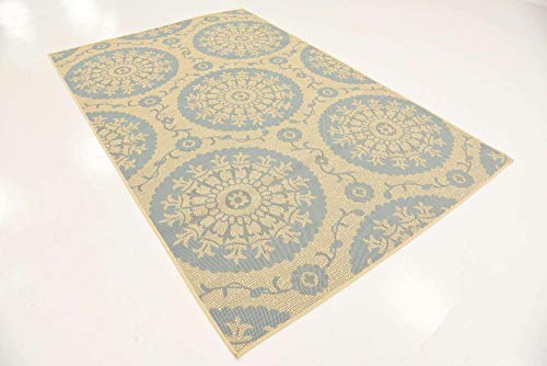 Unique Loom Outdoor Botanical Collection Area Rug - Medallion (5' 3" x 8' Rectangle, Aqua/ Beige)