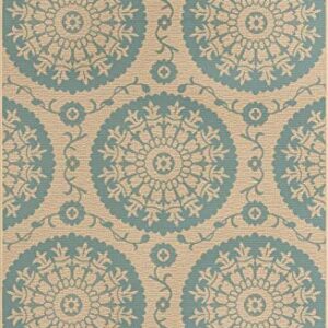 Unique Loom Outdoor Botanical Collection Area Rug - Medallion (5' 3" x 8' Rectangle, Aqua/ Beige)