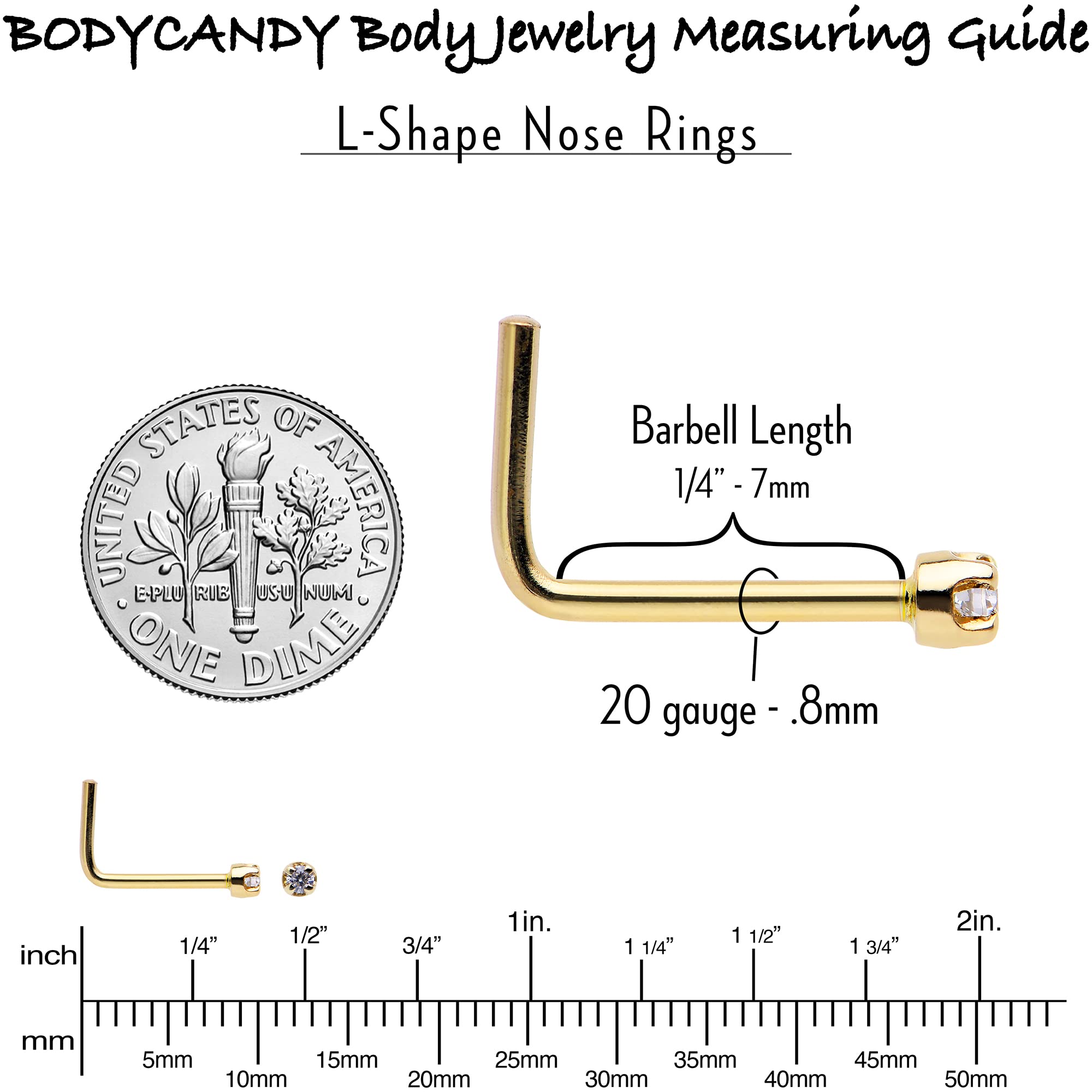 Body Candy 14k Gold L-Shaped Nose Ring with 1.5mm Diamond (0.015 cttw), Hypoallergenic Nose Jewelry - Handmade in USA, 20 Gauge 1/4 inch at Bend