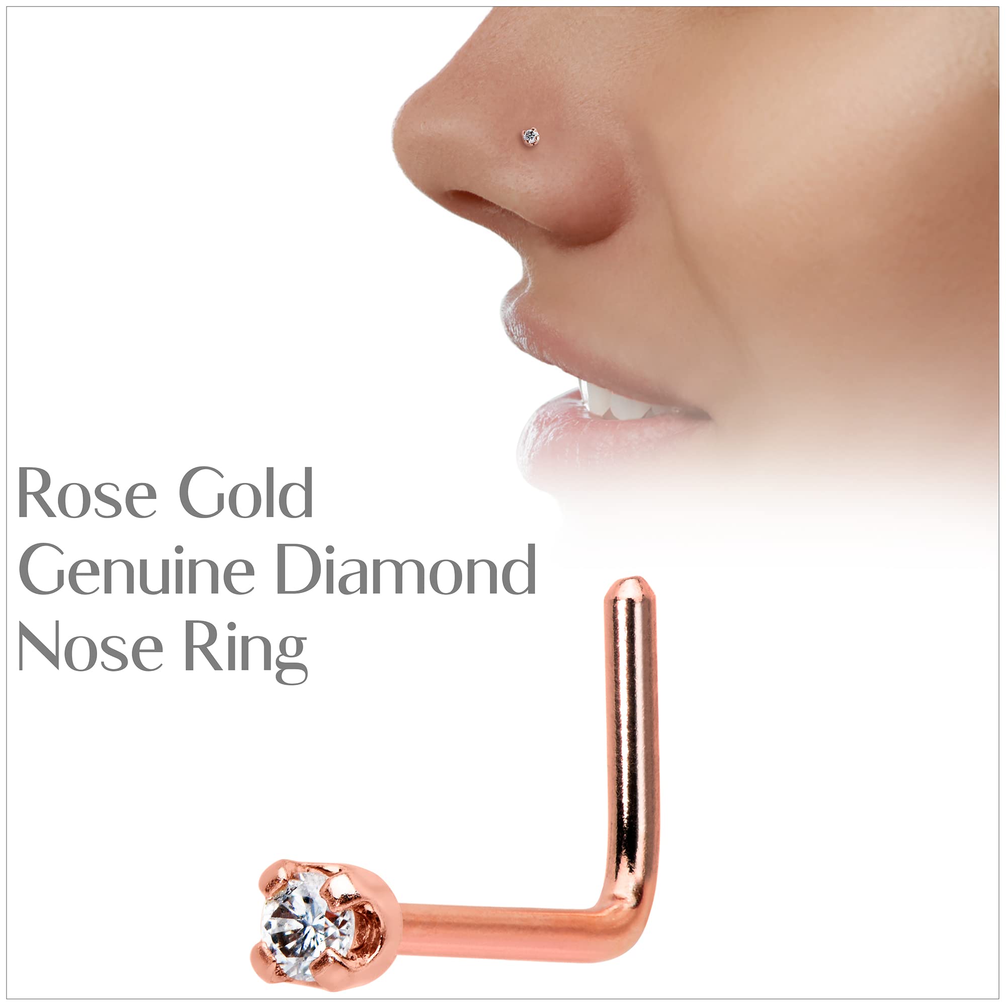 Body Candy 20 Gauge 1/4" at Bend 14k Rose Gold 1.5mm Diamond (0.015 cttw) L-Shaped Nose Ring Nose Stud