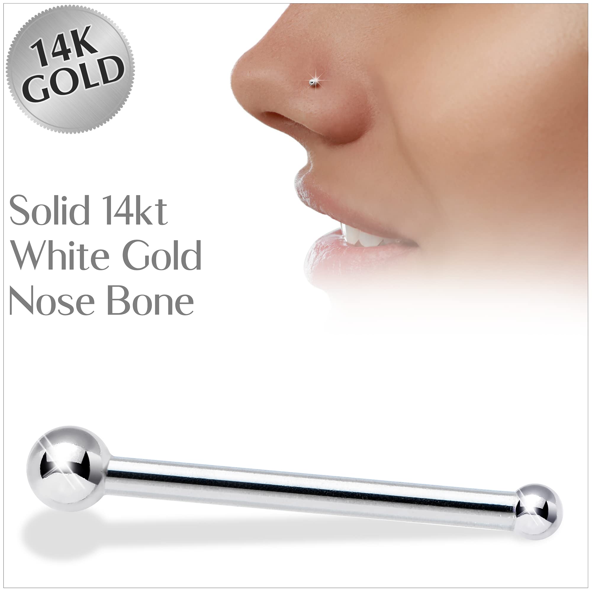 20 Gauge 1/4" Length 14k White Gold 1.5mm Ball Nose Bone Straight Nose Ring