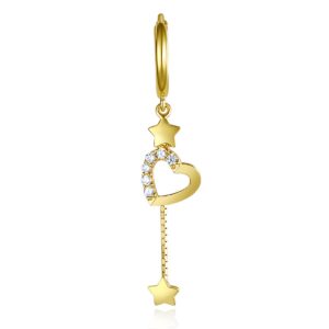 14k REAL Yellow Gold Heart & Star CZ Drop Earrings