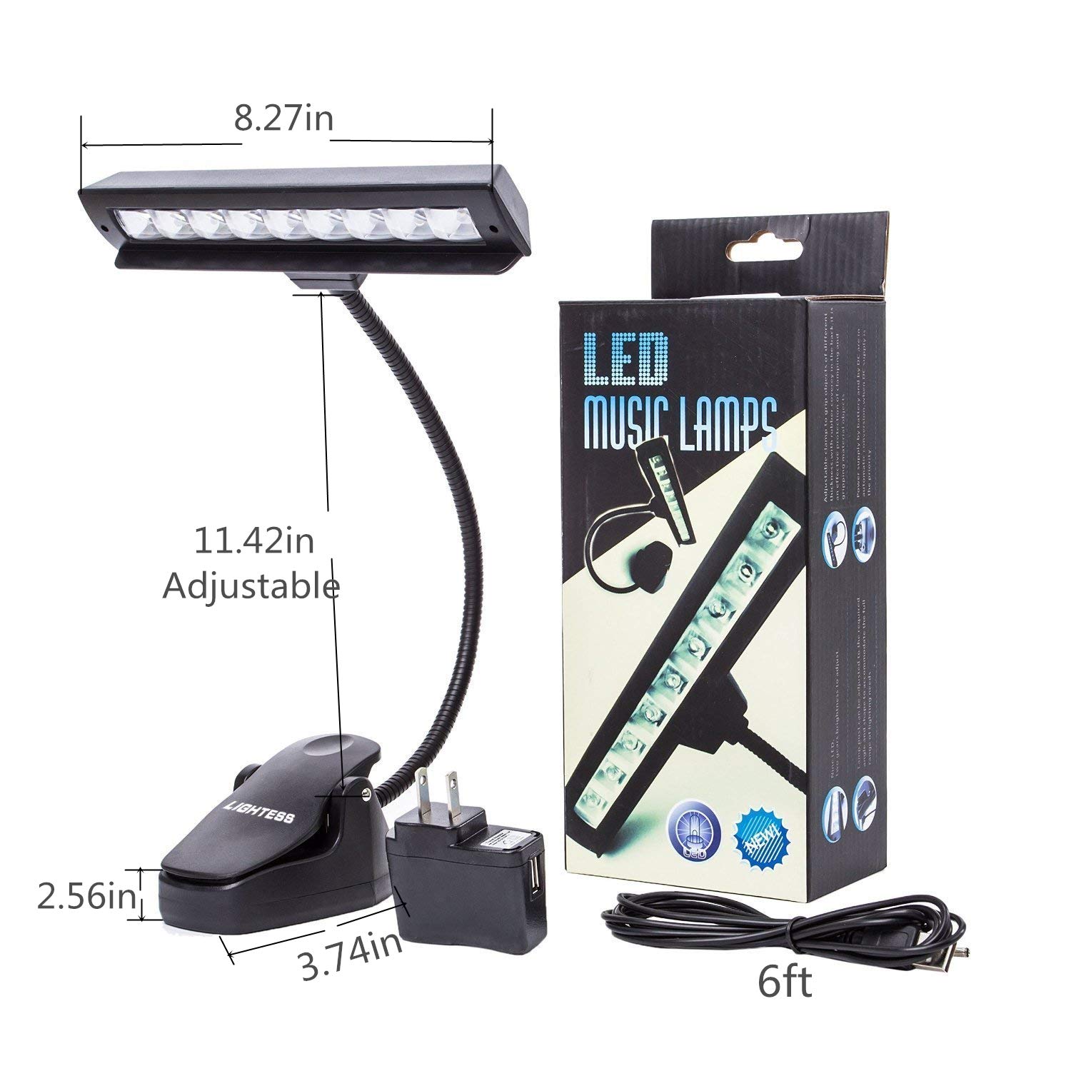 Lightess Dimmable Music Stand Lights Clip on Book Light Piano LED Reading Lamp USB Desk Lamp, Black