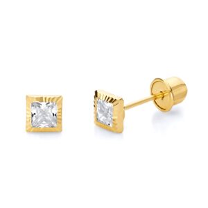 14k Yellow Gold 3mm Princess Square Solitaire Diamond Cut Stud Earrings with Screw Back