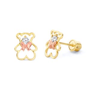 14k Two Tone Gold Bear Stud Earrings with Screw Back