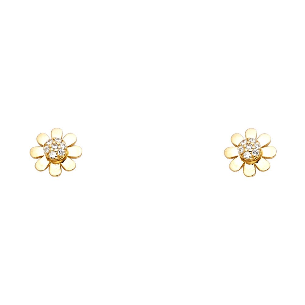 14k Yellow Gold Sun Flower Stud Earrings with Screw Back