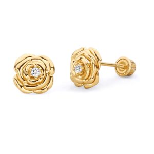 14k Yellow Gold Flower Stud Earrings with Screw Back