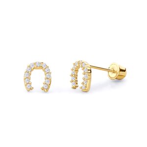 14k Yellow Gold Horse Shoe Stud Earrings with Screw Back