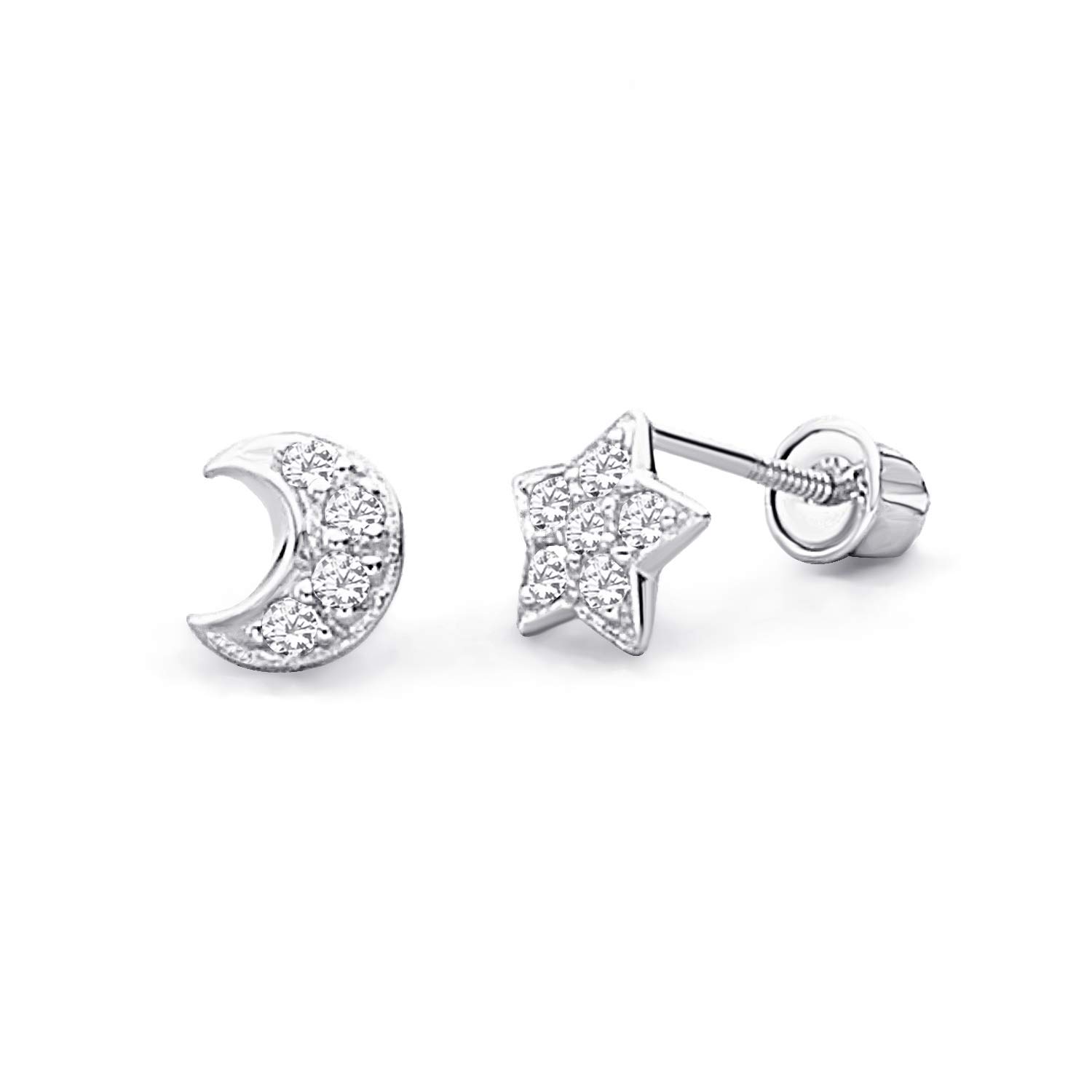 14k White Gold Star & Moon Stud Earrings with Screw Back