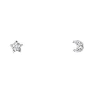 14k White Gold Star & Moon Stud Earrings with Screw Back