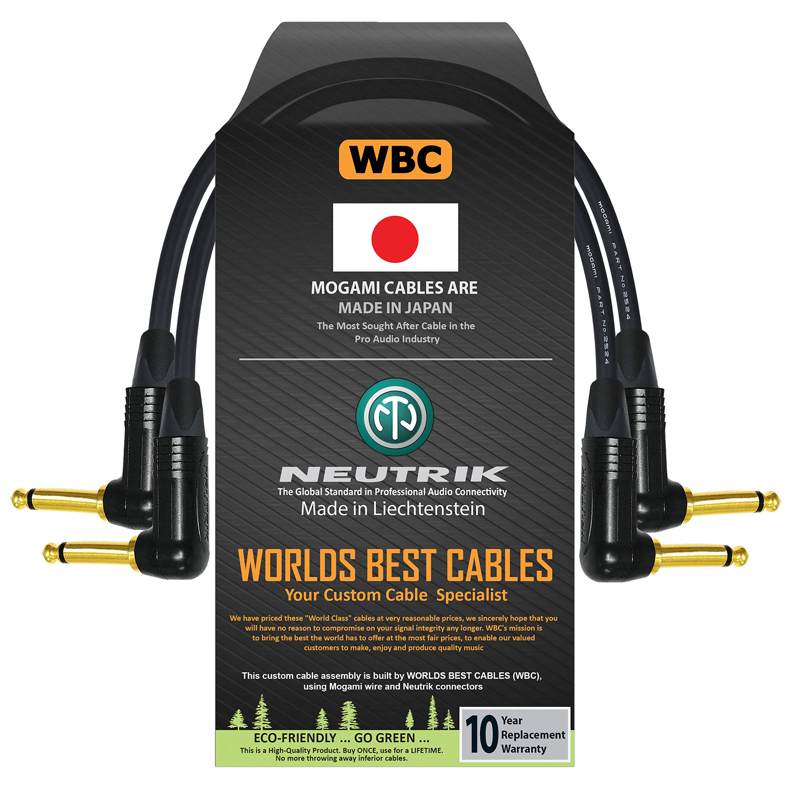 WORLDS BEST CABLES 2 Units - 6 Inch - Guitar Instrument Cable CUSTOM MADE using Mogami 2524 wire and Neutrik NP2RX-B ¼ Inch (6.35mm) Right Angled Gold TS Connectors