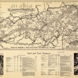 Vintage 1940 Map of Great Smoky Mountains National Park. Great Smoky Mountains National Park, North Carolina, Tennessee, United States