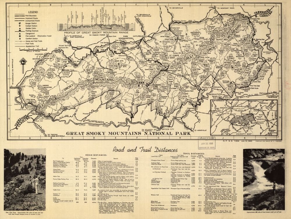 Vintage 1940 Map of Great Smoky Mountains National Park. Great Smoky Mountains National Park, North Carolina, Tennessee, United States