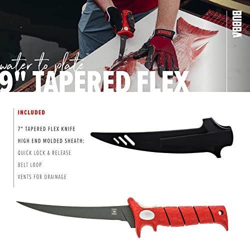 Bubba 9 Inch Tapered Flex Fillet Knife with Non-Slip Grip Handle, Full Tang High Carbon Stainless Steel Titanium Coated Non-Stick Blade, Lanyard Hole and Synthetic Sheath for Fishing