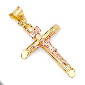 14k real two tone gold religious crucifix jesus cross charm pendant (35 x 15 mm)