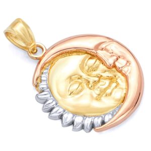 14k real tri color gold moon & sun charm pendant