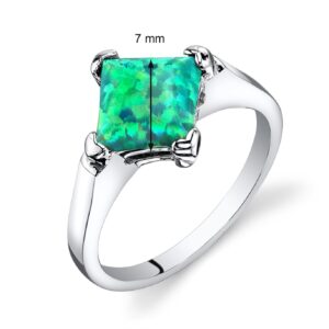 PEORA Created Green Fire Opal Classic Solitaire Ring for Women 925 Sterling Silver, 1 Carat Princess Cut 7mm, Size 8