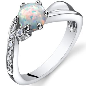 PEORA Created White Fire Opal Ring for Women 925 Sterling Silver, Love Wave Solitaire, Round Shape, Comfort Fit, Size 6