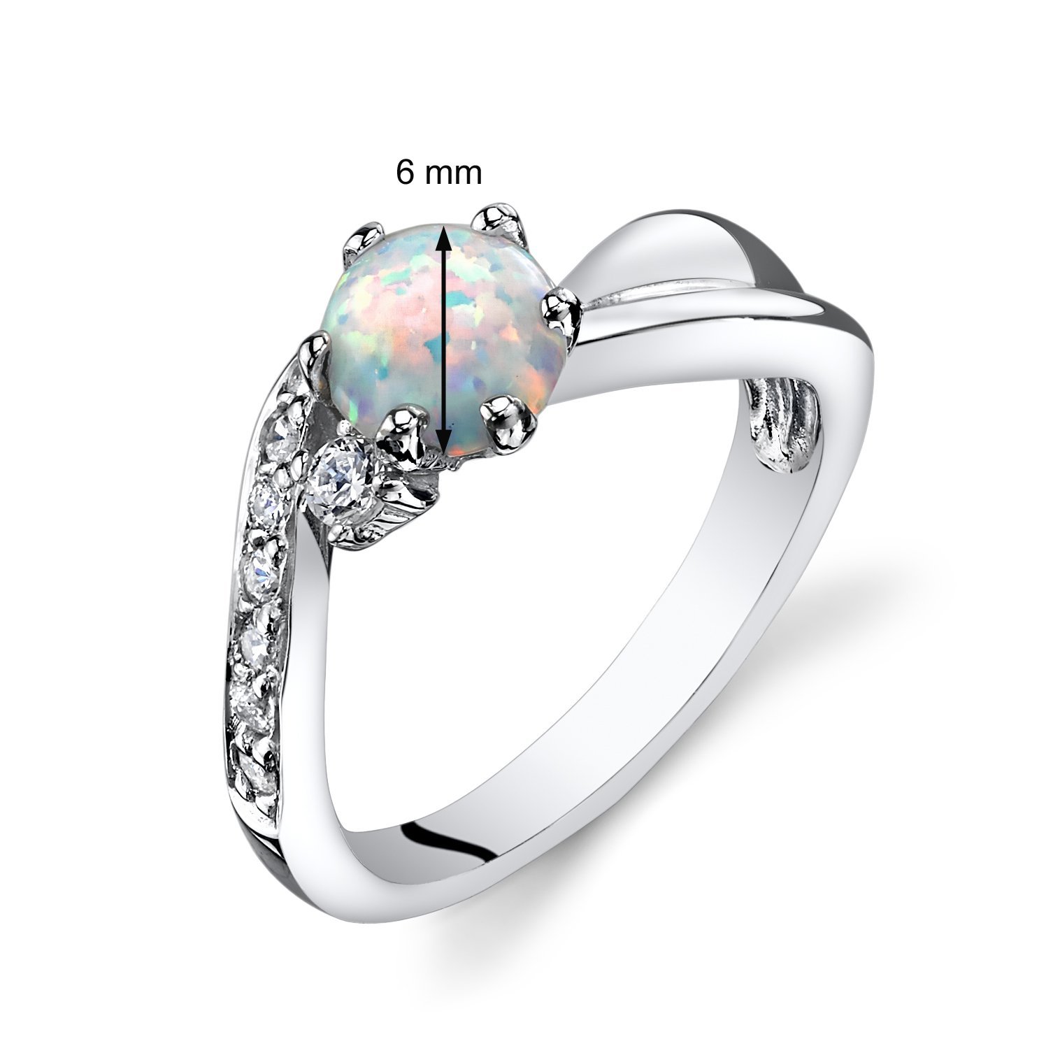 PEORA Created White Fire Opal Ring for Women 925 Sterling Silver, Love Wave Solitaire, Round Shape, Comfort Fit, Size 6