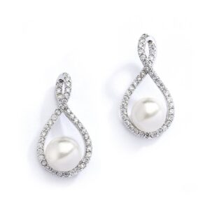 mariell pearl drop earrings with cubic zirconia crystals for brides, weddings, mother's day jewelry gift