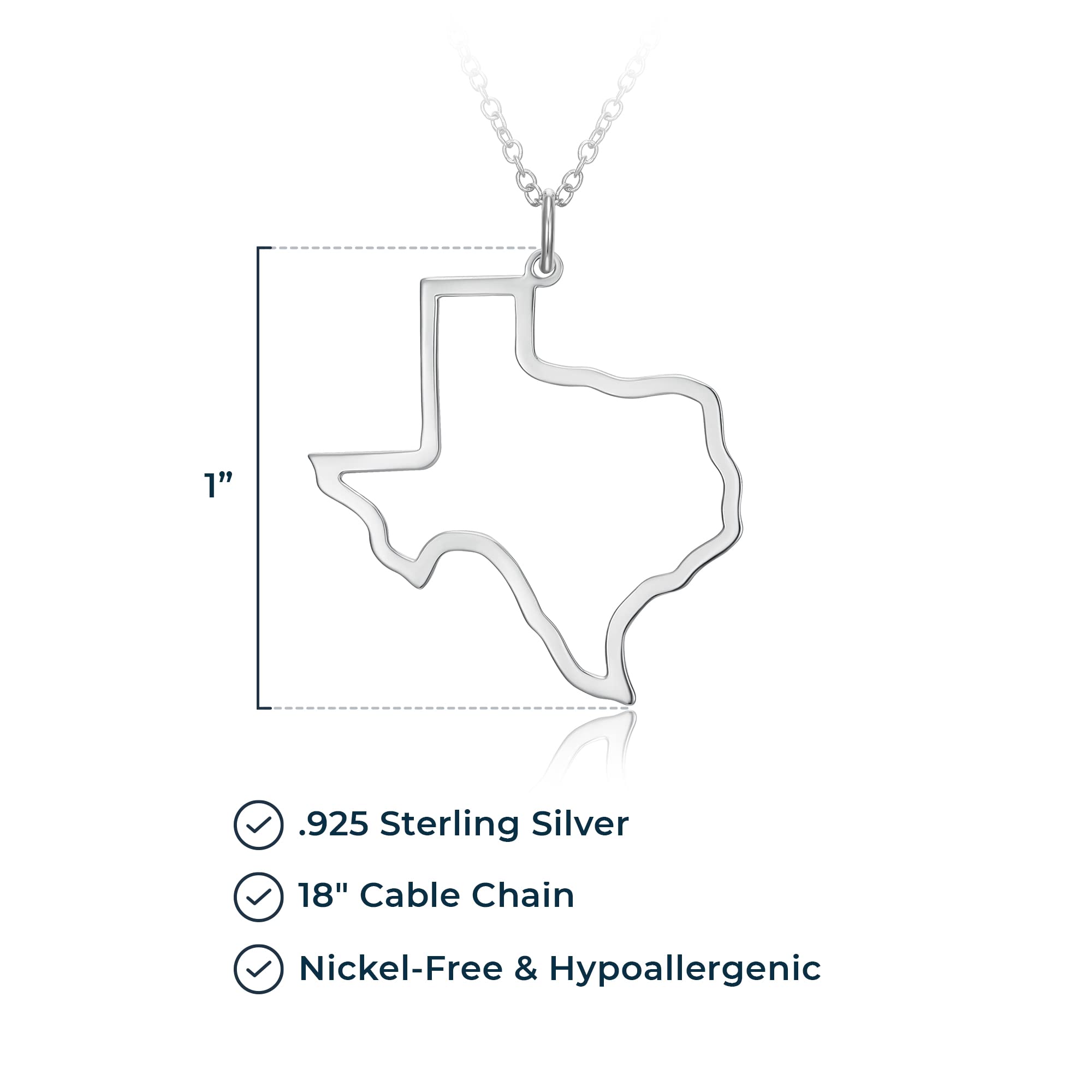 MORGAN & PAIGE Texas State Necklace - Rhodium Plated 925 Sterling Silver Necklace With Texas Shaped Pendant and 18 Inch Cable Chain - Hometown State Patriotic Necklace For Women