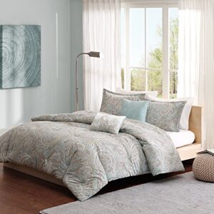 Madison Park Pure Ronan Cotton Comforter Set - Casual Paisley Design, All Season Alternative Down Cozy Bedding, Matching Shams, Decorative Pillows, Blue King/Cal King(104"x92") 5 Piece