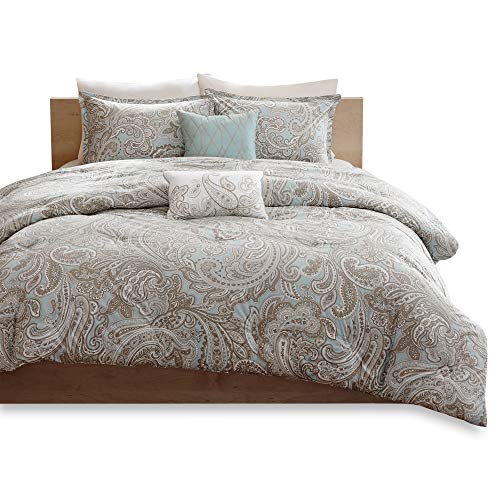 Madison Park Pure Ronan Cotton Comforter Set - Casual Paisley Design, All Season Alternative Down Cozy Bedding, Matching Shams, Decorative Pillows, Blue King/Cal King(104"x92") 5 Piece