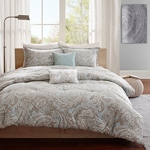 Madison Park Pure Ronan Cotton Comforter Set - Casual Paisley Design, All Season Alternative Down Cozy Bedding, Matching Shams, Decorative Pillows, Blue King/Cal King(104"x92") 5 Piece