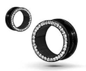 touchnew black anodized titanium over surgical steel screw-on plugs/gauges with clear diamond cz stones 2 pieces (7/16" (11mm))