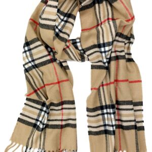 Plum Feathers Super Soft Luxurious Cashmere Feel Winter Scarf (Classic Camel Plaid)