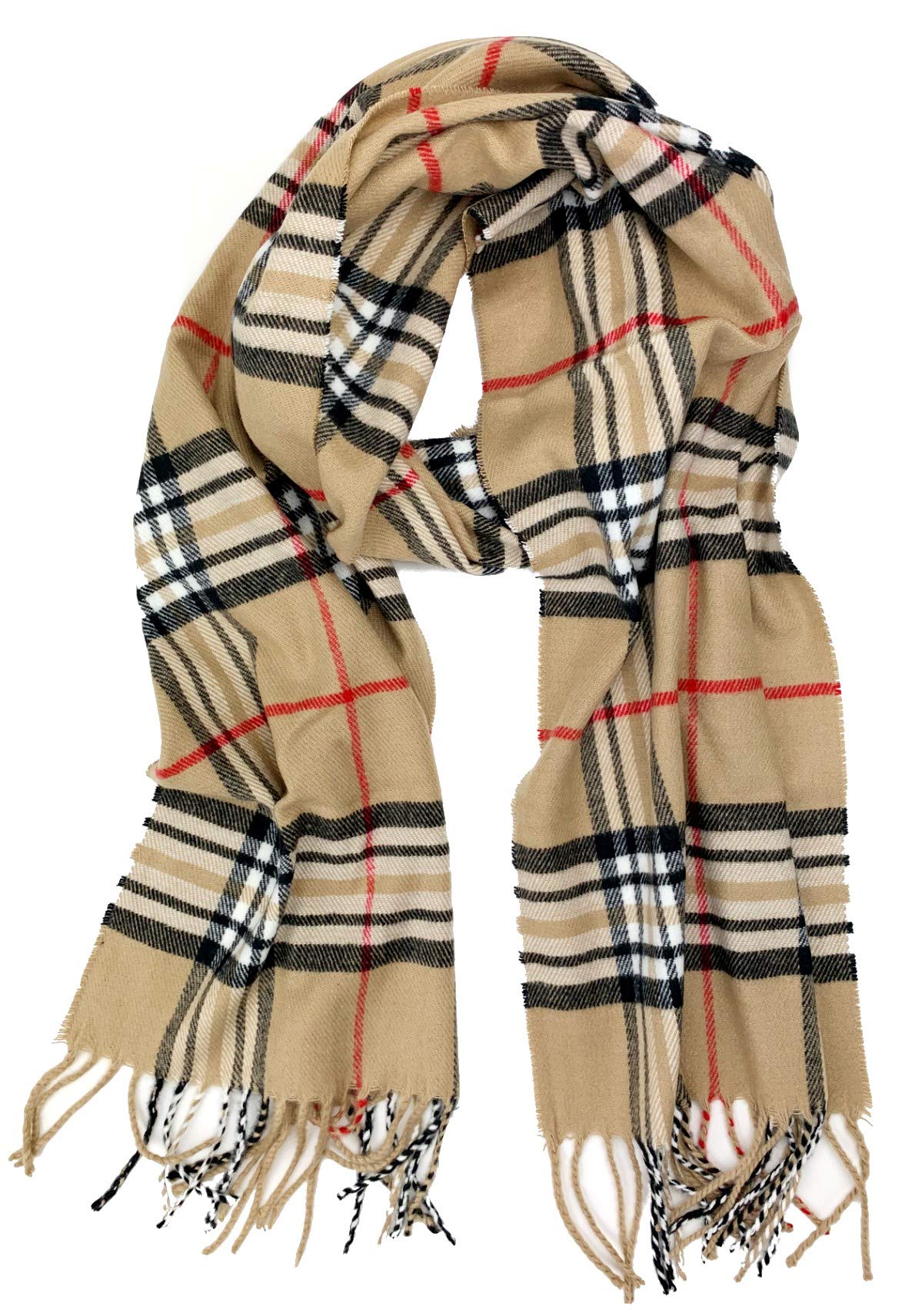 Plum Feathers Super Soft Luxurious Cashmere Feel Winter Scarf (Classic Camel Plaid)