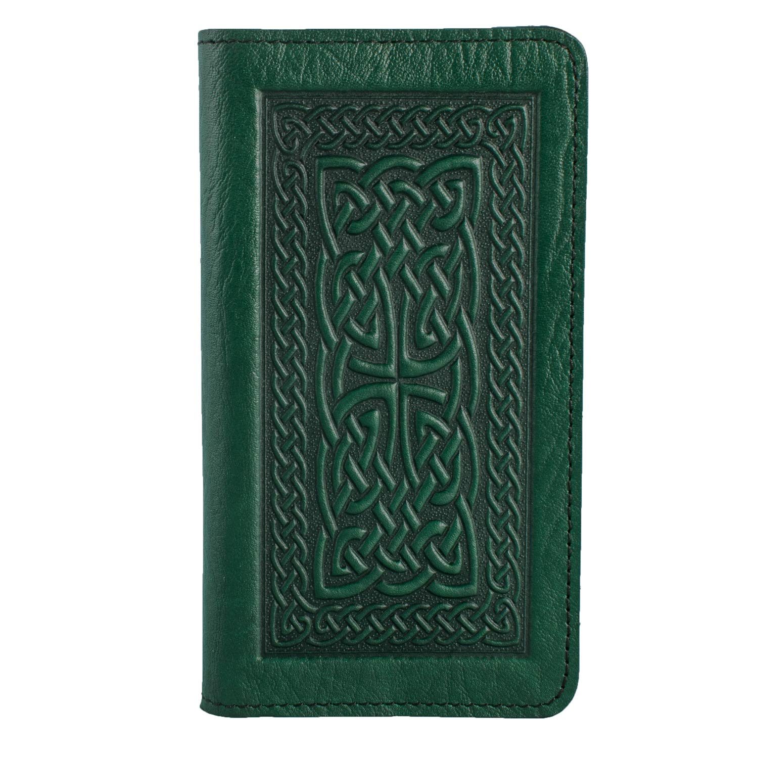 Oberon Design Celtic Braid Embossed Genuine Leather Checkbook Cover, 3.5x6.5 Inches, Green, Made in the USA