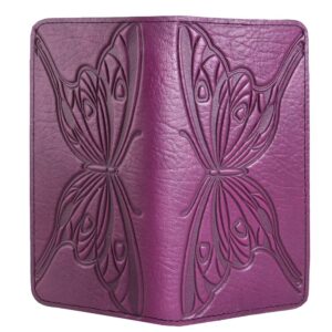 Oberon Design Butterfly Embossed Genuine Leather Checkbook Cover, 3.5x6.5 Inches, Orchid, Made in the USA