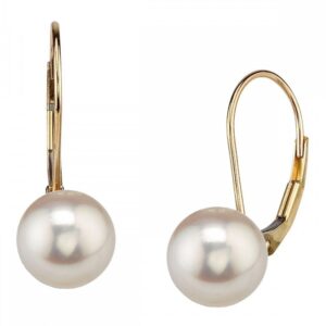 THE PEARL SOURCE 14K Gold 7-8mm AAAA Quality Round White Freshwater Cultured Pearl Leverback Earrings for Women