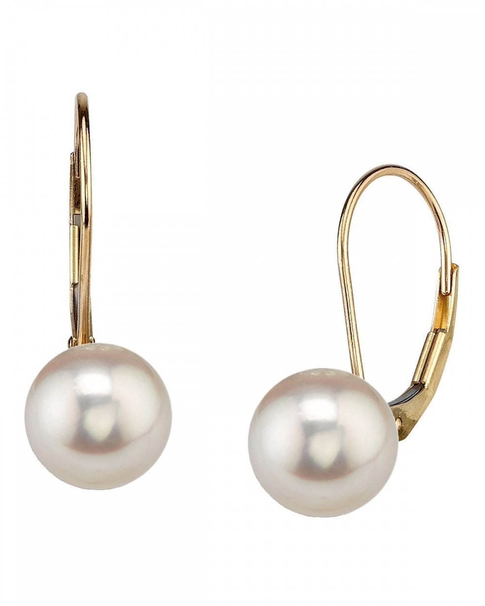 THE PEARL SOURCE 14K Gold 7-8mm AAAA Quality Round White Freshwater Cultured Pearl Leverback Earrings for Women