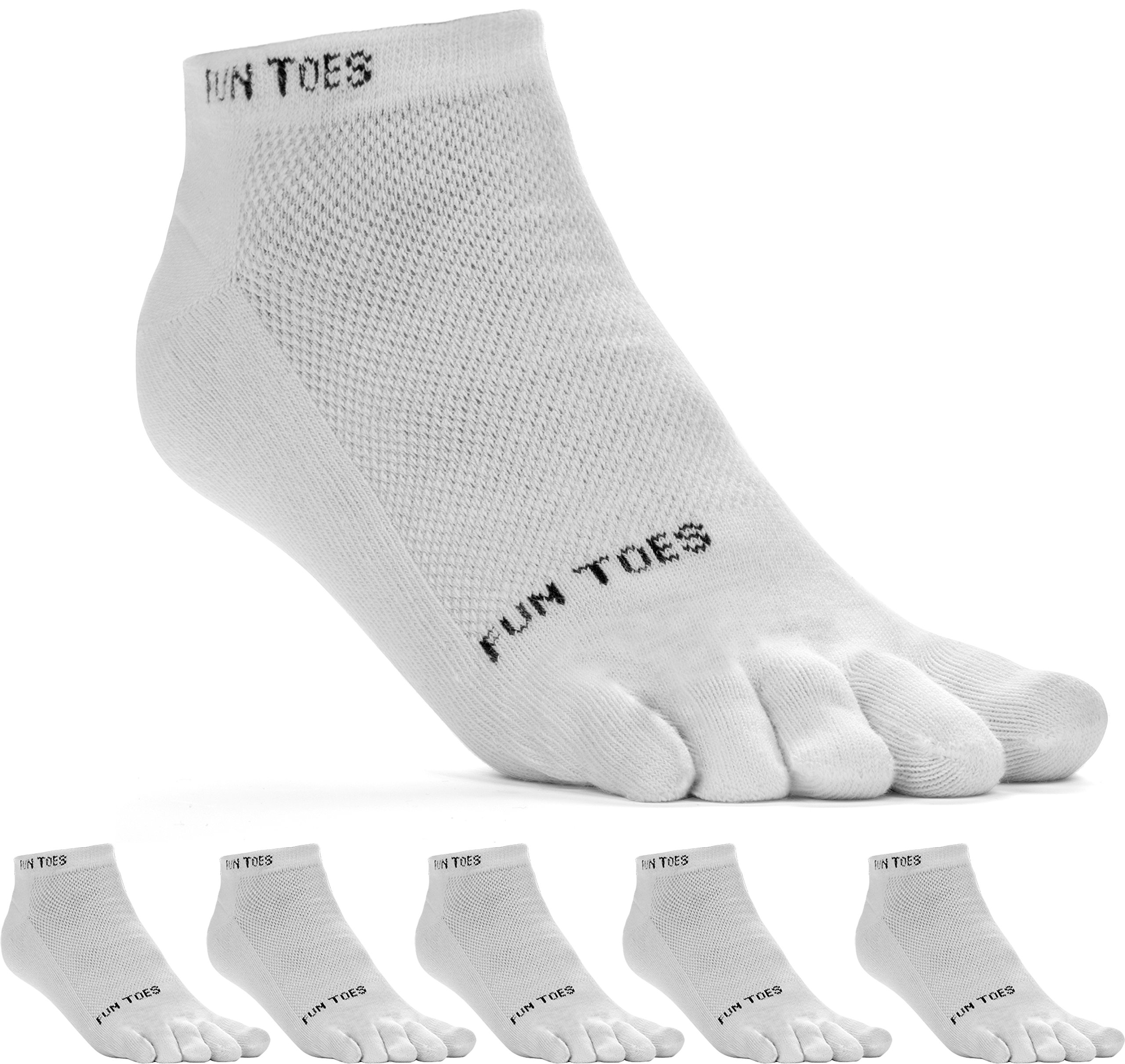 FUN TOES Mens Toe Socks Barefoot Running Lightweight -Value 6 Pairs Pack- Size 6-12 WHITE/GRAY