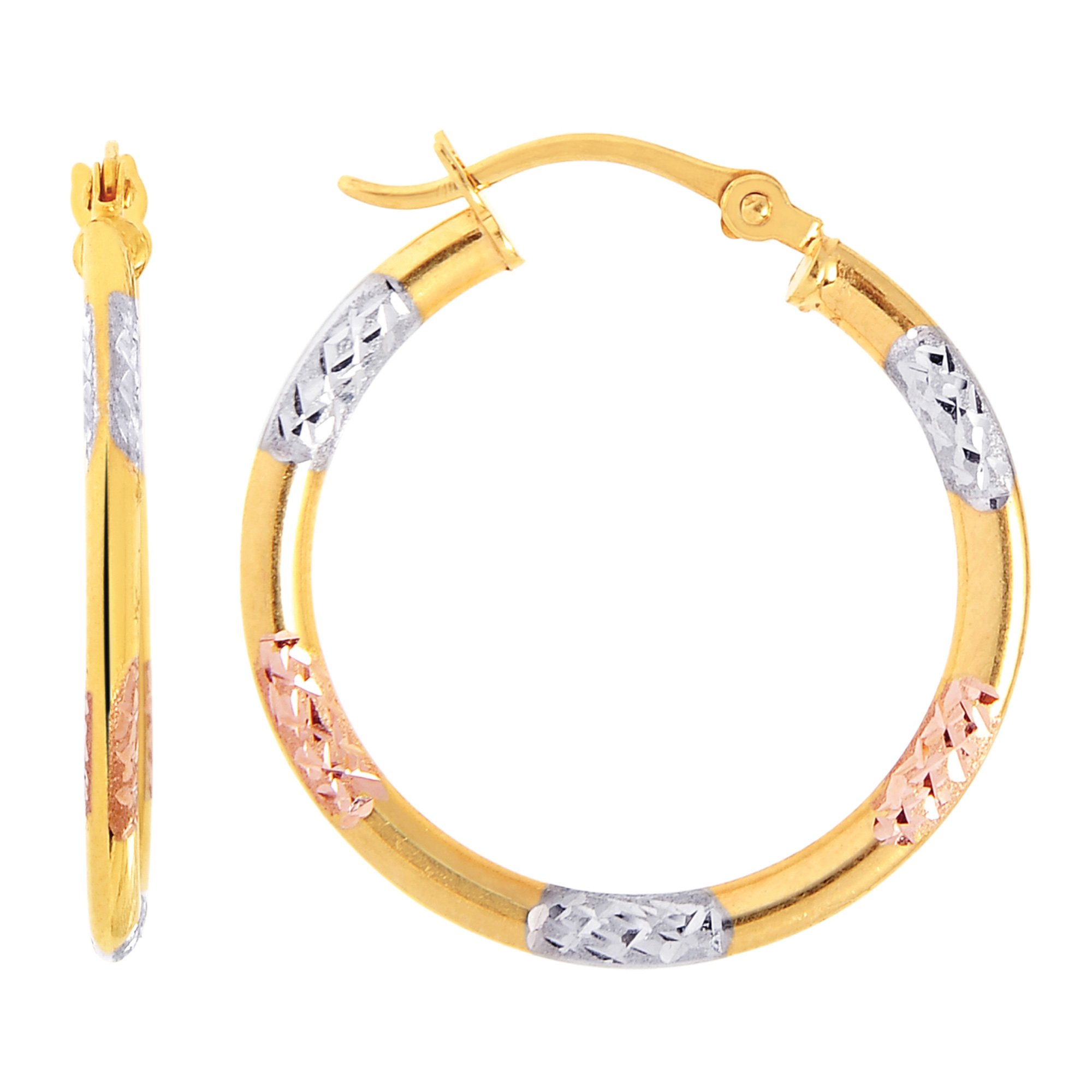 10k Tricolor White Yellow And Rose Gold Diamond Cut Round Hoop Earrings, Diameter 20mm