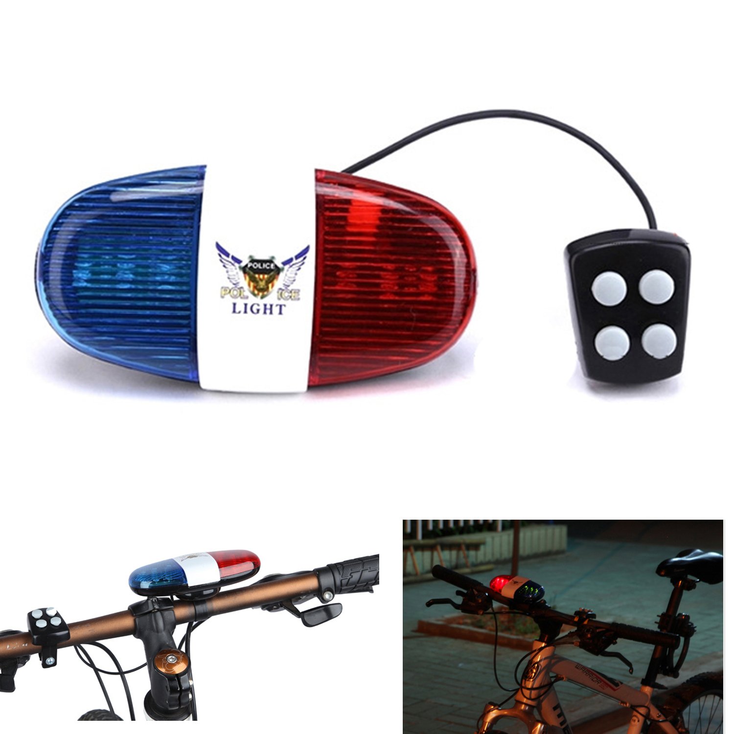 Oumers Bicycle Police Sound Light, Bike LED Light Electric Horn Siren Horn Bell, 6 LED Light 4 Sounds Trumpet, Warning Safety Light, Waterproof Bicycle Lights Accessories, No Batteries in