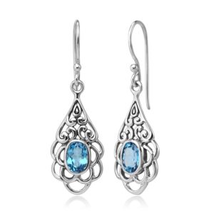 Chuvora 925 Sterling Silver Open Filigree Flower Blue Topaz Gemstone Teardrop Dangle Hook Earrings 1.5"