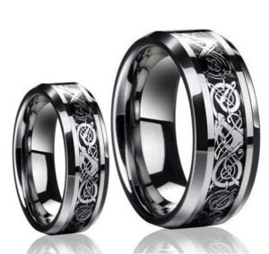 ring for men and ring for women his & her's (1 pair) 8mm/6mm tungsten carbide celtic knot dragon design carbon fiber inlay wedding band ring set