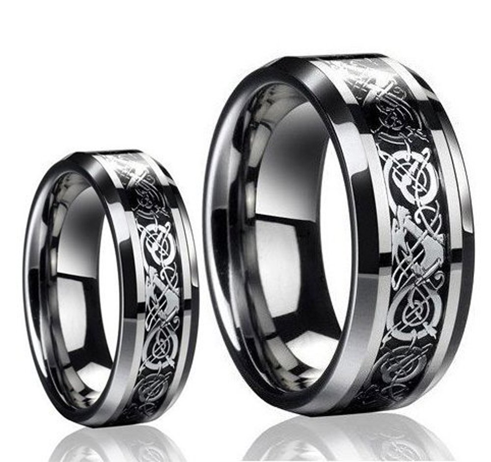 Ring for Men and Ring for Women His & Her's (1 Pair) 8MM/6MM Tungsten Carbide Celtic Knot Dragon Design Carbon Fiber Inlay Wedding Band Ring Set