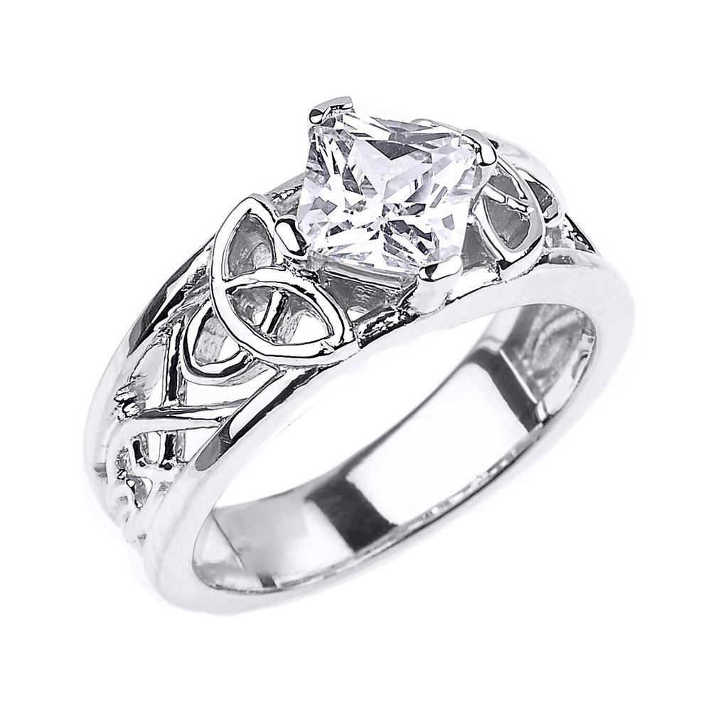 CZ Engagement Rings Sterling Silver Celtic Knot Princess Cut (Size 8)