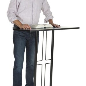 Displays2go LCTPCRSBLK Cross Podium, Floor Standing Pulpit, Slanted Top, Steel with Wood Base, Black