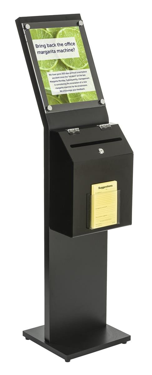 Displays2go Locking Donation Station, Ballot Box with 8.5 x 11-Inch Sign Holder Kiosk (Black) (SSB811BKBK)