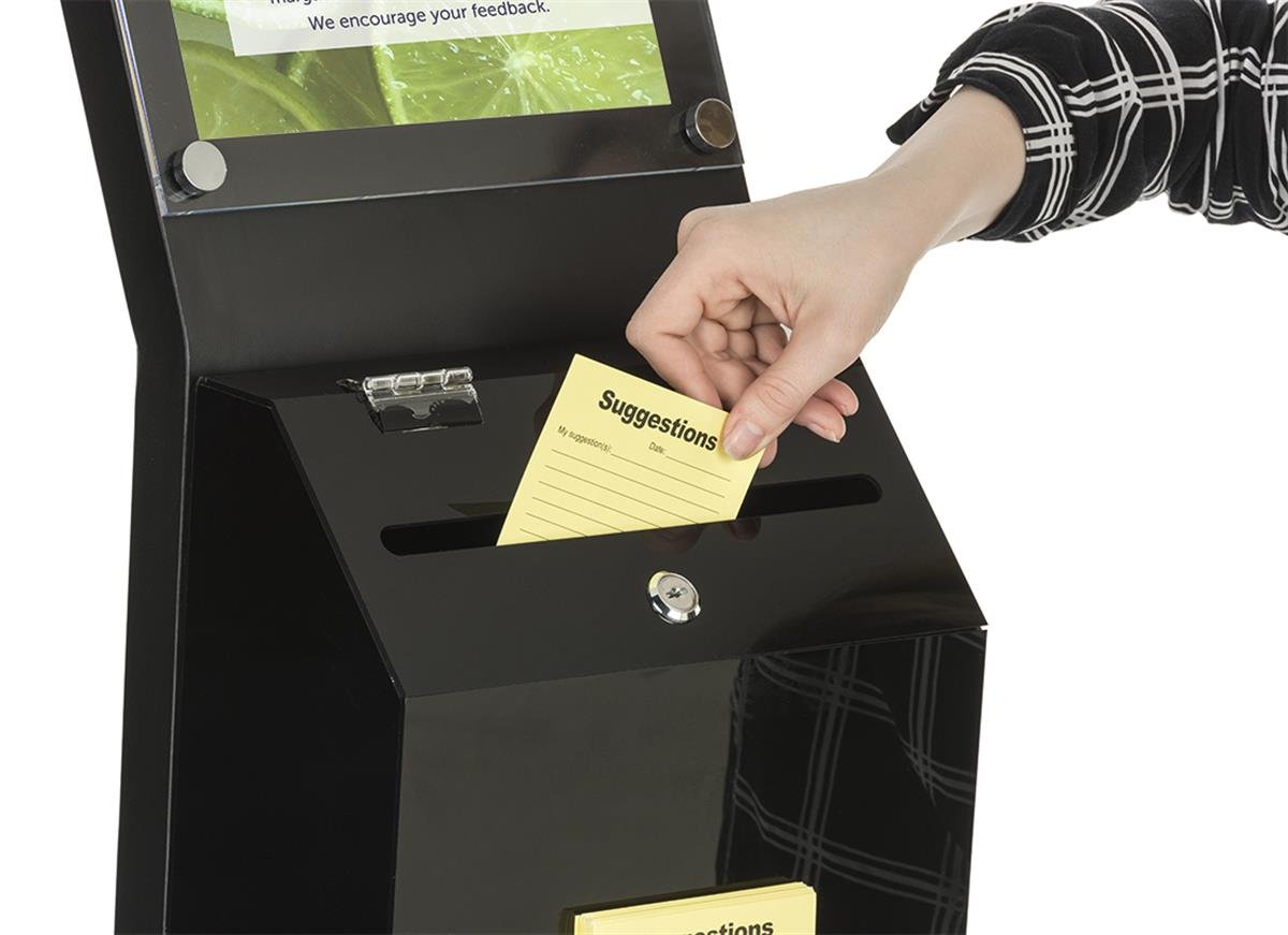 Displays2go Locking Donation Station, Ballot Box with 8.5 x 11-Inch Sign Holder Kiosk (Black) (SSB811BKBK)